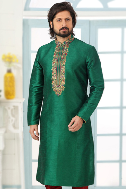 Zari Embroidered Bottle Green Men's Kurta In Dupion Silk 