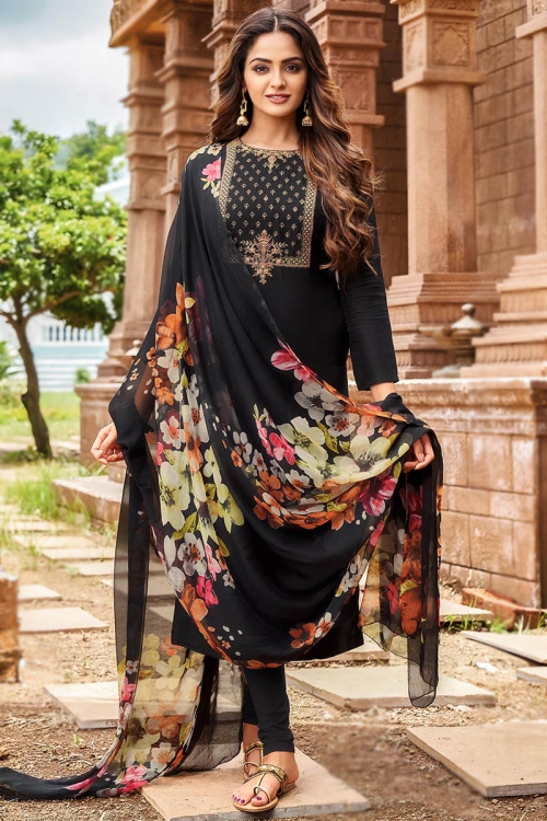 Zari Embroidered Chanderi Silk Black Churidar Suit