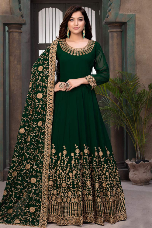 Zari Embroidered Georgette Emerald Green Anarkali Suit for Wedding & Party