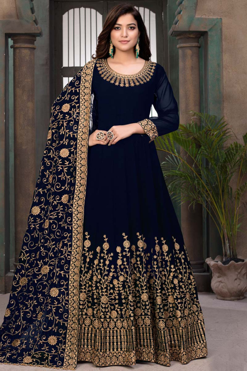 Zari Embroidered Georgette Navy Blue Wedding Anarkali Suit