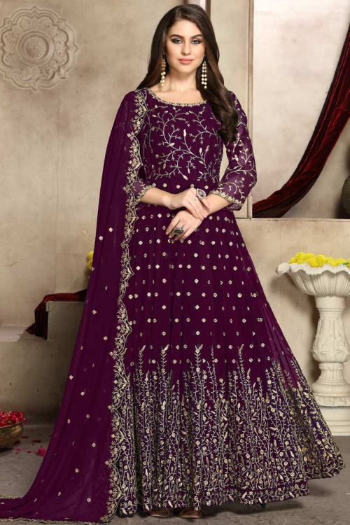 Embroidered Georgette Plum Purple Wedding Anarkali Suit