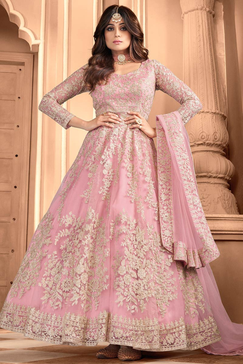 Zari Embroidered Net Pastel Pink Wedding Anarkali Salwar Suit