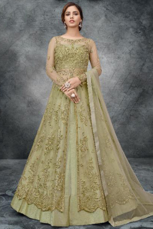 Sage Green Net Zari Embroidered Indian Anarkali Suit