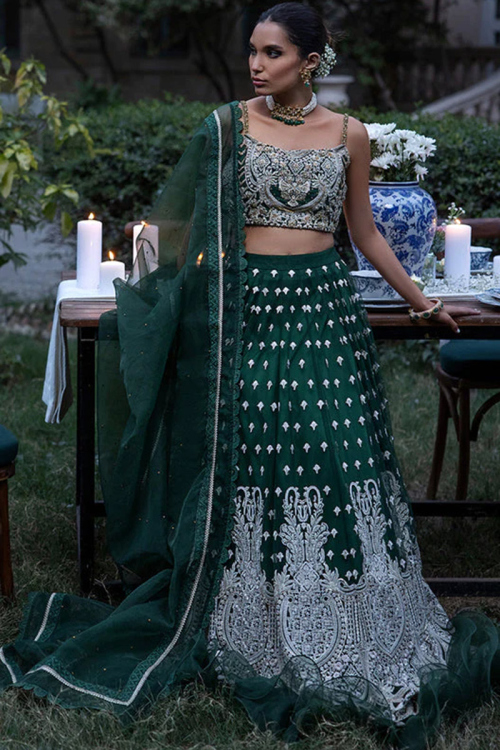 Zari Embroidered Net Teal Green Lehenga