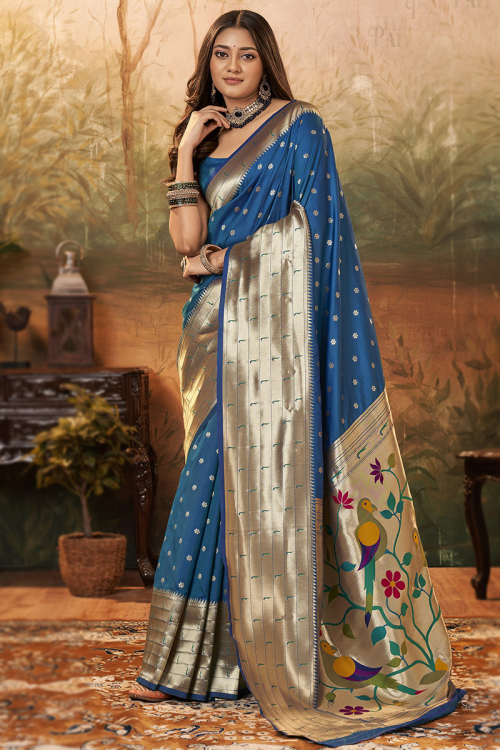 Zari Embroidered Silk Blue Saree