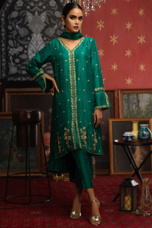 Zari Embroidered Silk Emerald Green Wedding Trouser Salwar Kameez