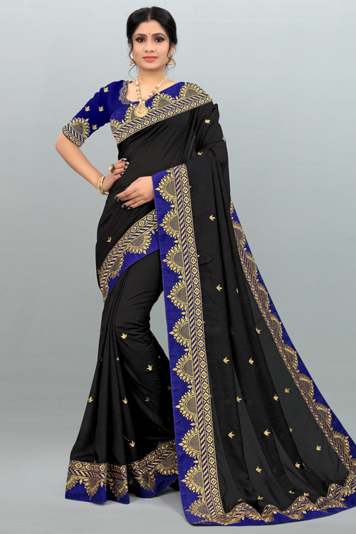 Zari Embroidered Soft Silk Black Saree