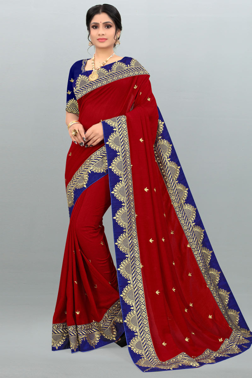 Zari Embroidered Soft Silk Deep Red Saree