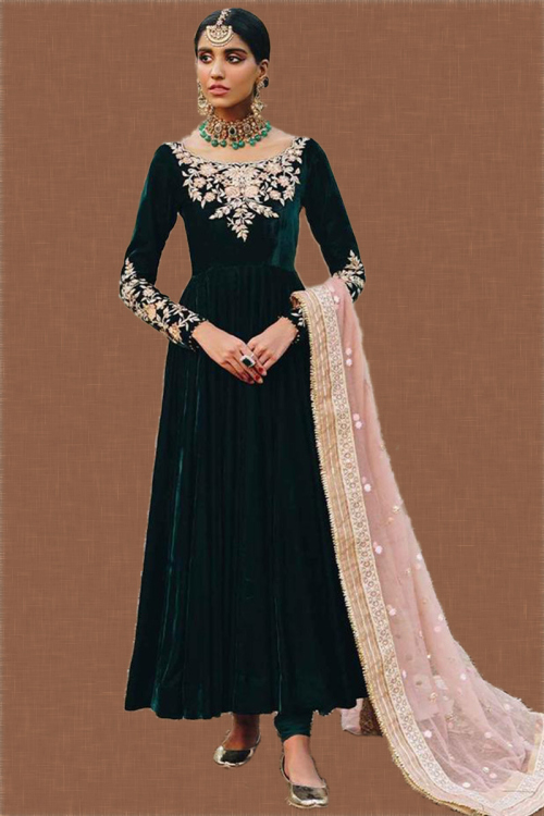 Zari Embroidered Velvet Bottle Green Pakistani Anarkali Salwar Suit
