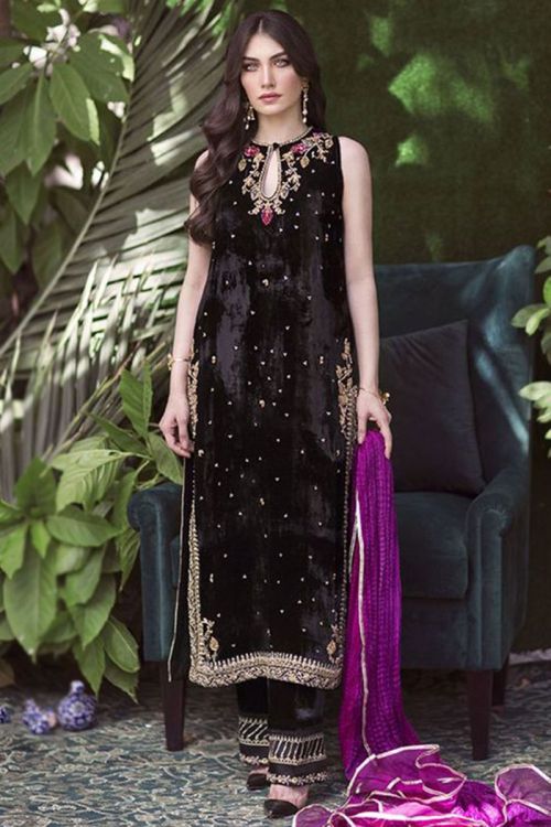 Dark Brown Velvet Wedding Trouser Salwar Kameez for Sangeet with Pearl embroidery