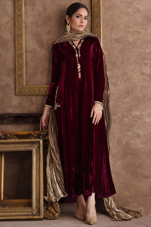 Dark Maroon Zari Embroidered Pakistani Trouser Salwar Suit in Velvet