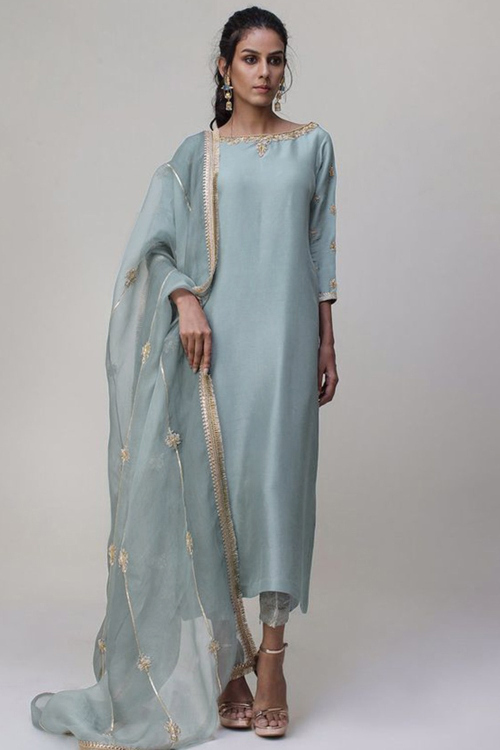 Zari Embroidered Silk Dusty Blue Trouser Suit