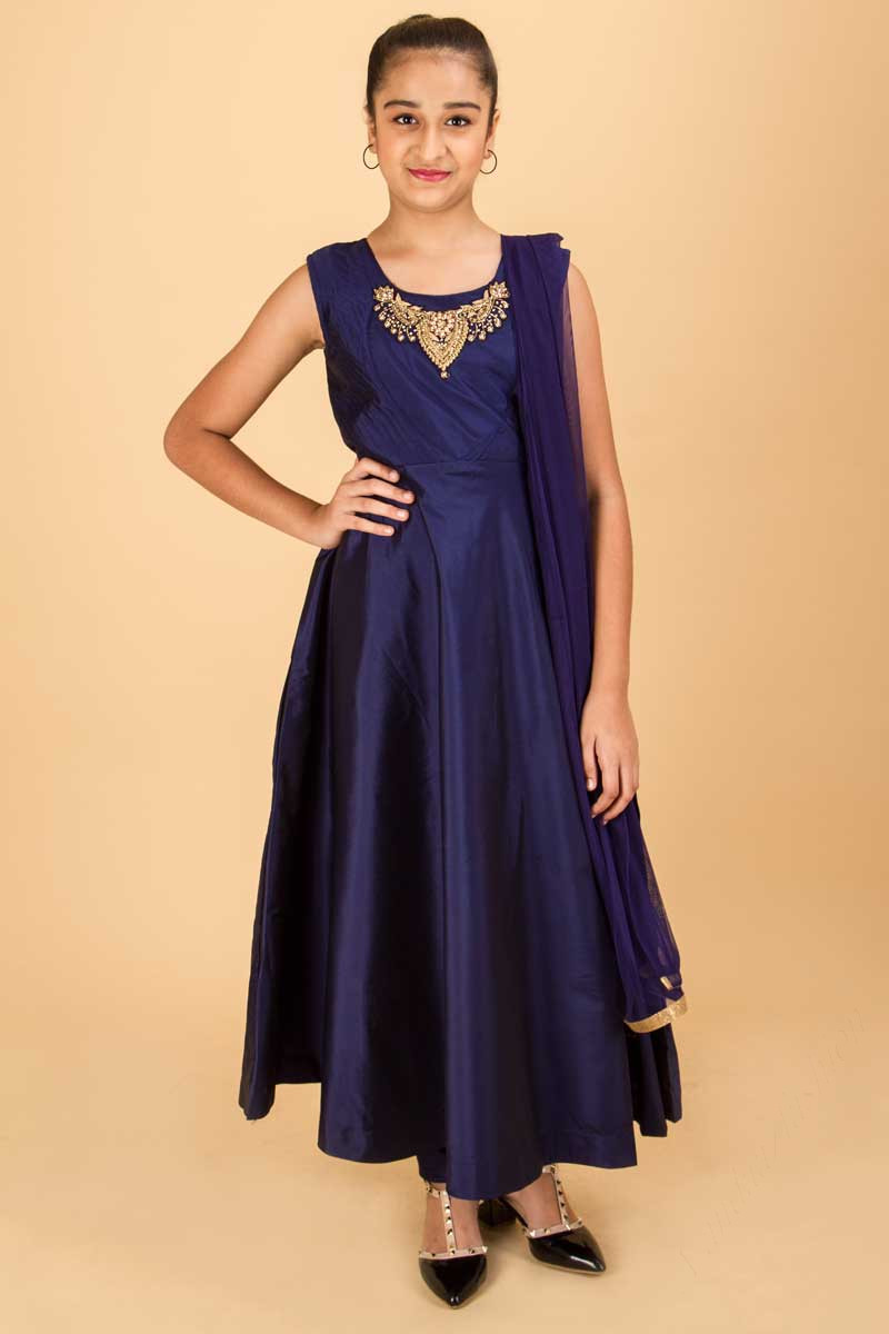 navy blue gown with golden work