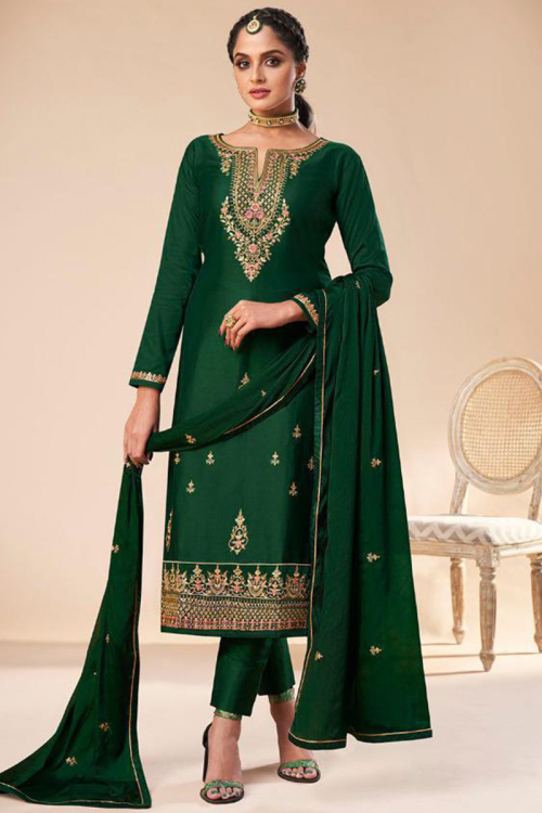 Fashion Guide Bottle Green Trouser Suit With Resham Work LSTV110663