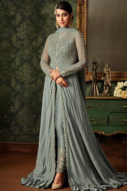 Buy Silk Anarkali Suit In Ash Grey Color Online - LSTV02671 | Andaaz ...