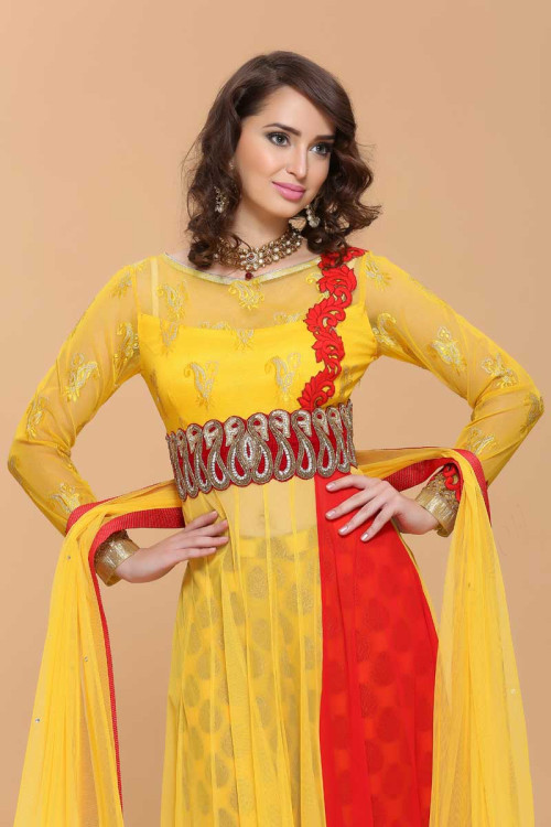 Buy Yellow With Red Net Anarkali Suit Online - 1672 | Andaaz Fashion