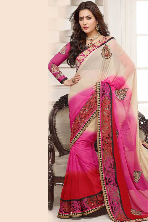 Beige with Red and Rani Georgette Saree, Round Neck Blouse Saree,  -AndaazFashion
