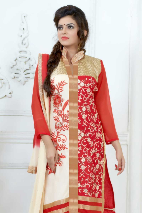 cream and red combination churidar