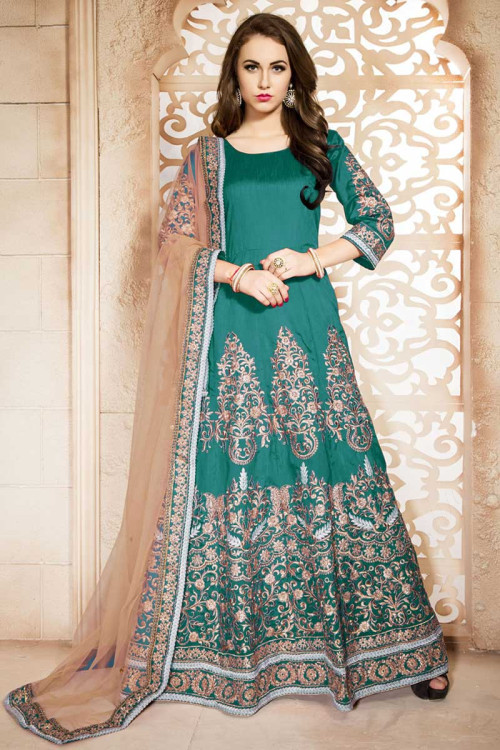 Ready made online, Anarkali banglori silk cheap indian suits, Teal ...