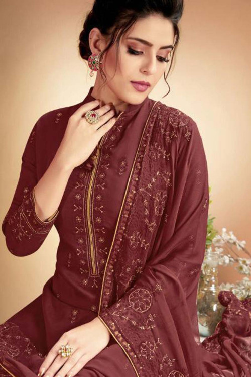 Buy Muslin Embroidered Trouser Suit In Wine Colour Online - LSTV04021 ...
