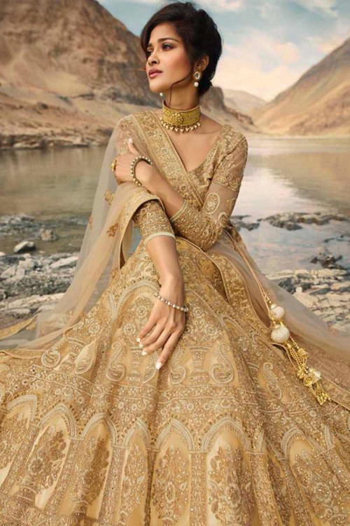 golden net lehenga choli
