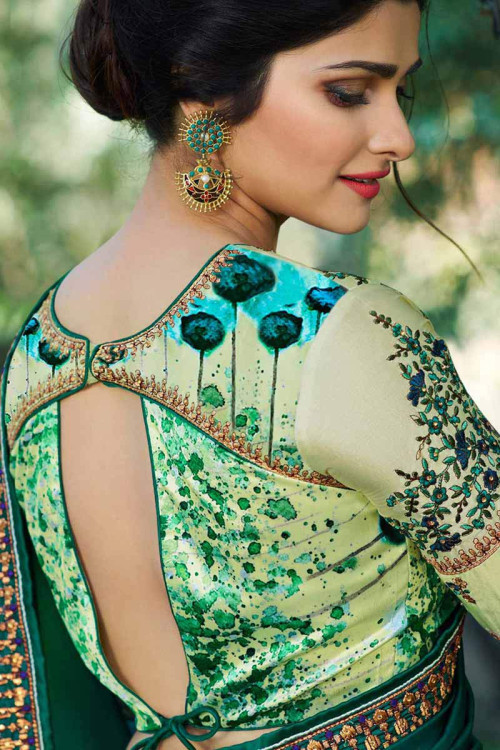 Modest saree wear, Midnight green silk embroidered sarees, keyhole neck