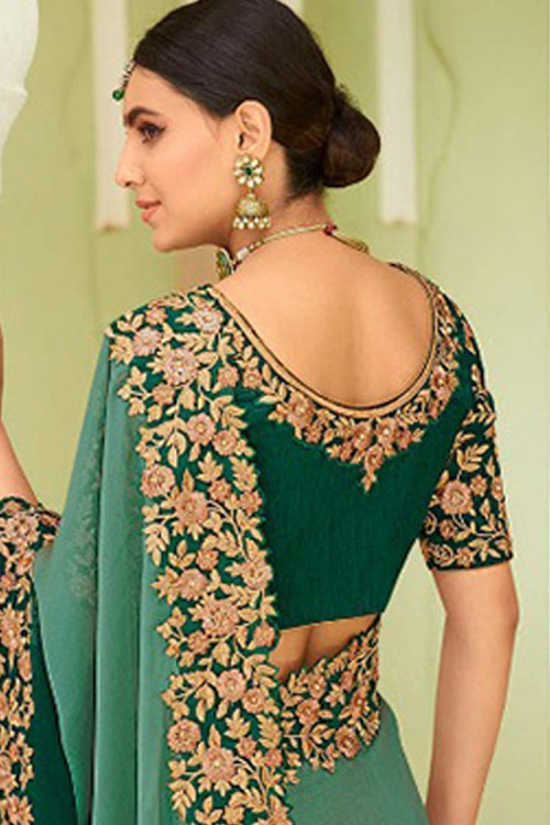 Asian saree, Green silk asian festival sari, u neck