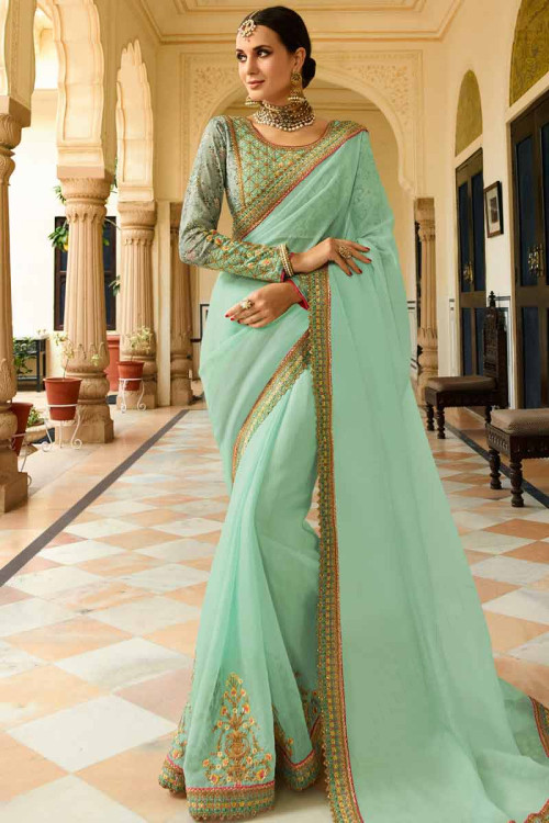 Buy Mint green Silk Saree With Silk Blouse Online - SARV0865 | Andaaz ...
