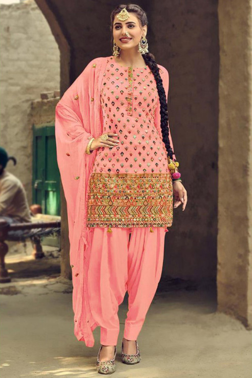 Patiala Suit In Light Salmon Pink Embroidered Fabric LSTV110350