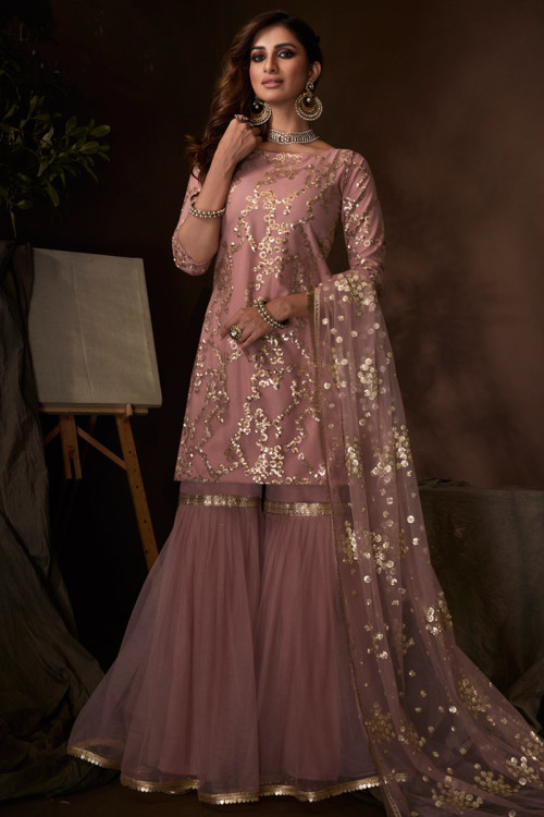 light mauve embroidered net sharara suit