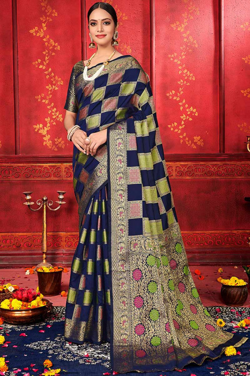 Buy Navy Blue Banarasi Silk Indian Wedding Saree Online - SARV04089 ...