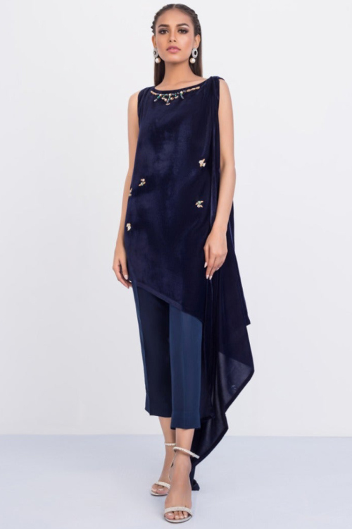Fashionable Navy Blue Asymmetrical Trouser Suit LSTV115409