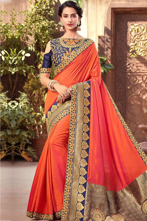 Buy Orange Pink Silk Saree With Raw Silk Blouse Online - SARV01536 ...