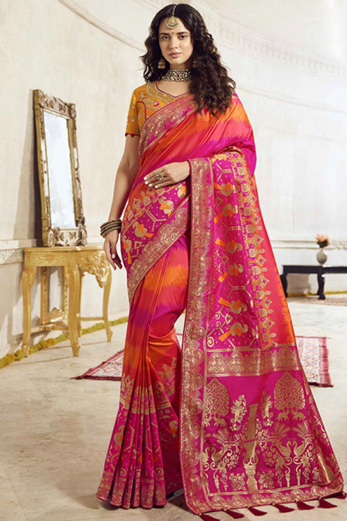 Buy Rani Pink Banarasi Silk Saree with Banglori Silk Blouse Online ...
