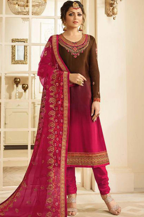 Buy Resham Embroidered Georgette Brown Color Churidar Suit Online ...