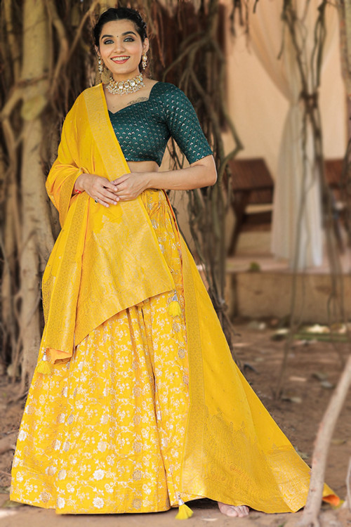 Buy Corn Yellow Lehenga Choli With Zardozi And Thread Embroidered Fresh  Floral Motifs Online - Kalki Fashion
