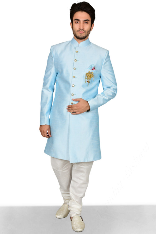 Buy Sky Blue Raw Silk Sherwani For Men Online - MSTV00158-Sky Blue