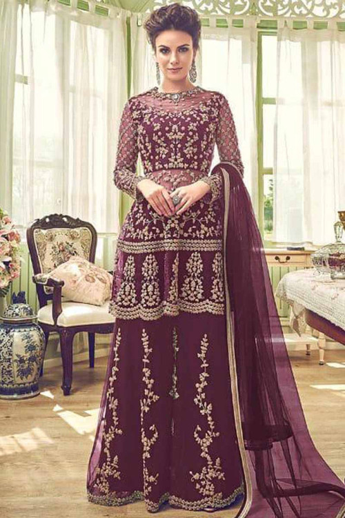 light mauve embroidered net sharara suit