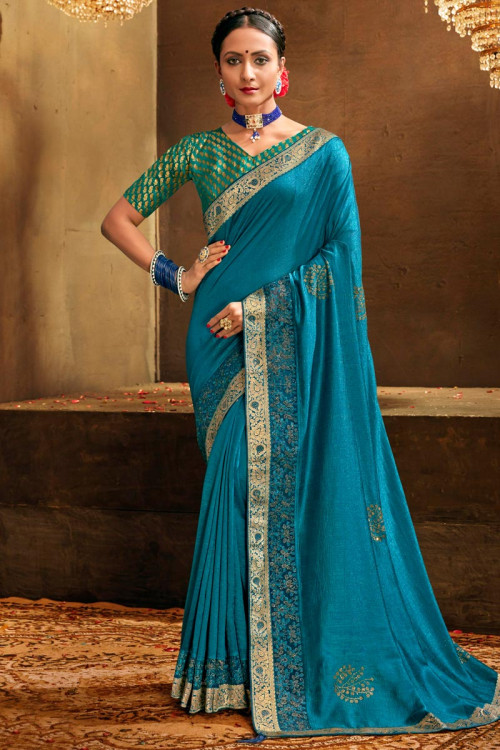 Grab the stylish Teal Blue Stone Work Chanderi Silk Saree|SARV110277
