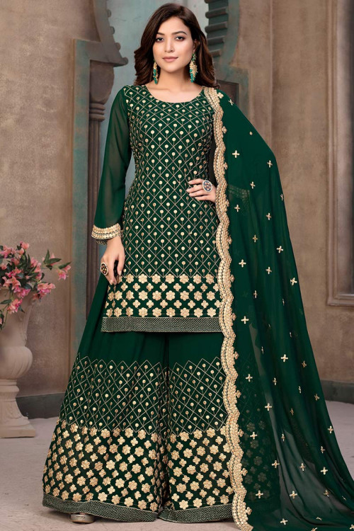 Eid Special Zari Embroidered Georgette Bottle Green Sharara Suit - LSTV111006