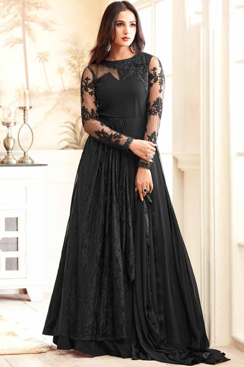 Buy Black Georgette Anarkali Suit With Resham Work Online - LSTV02894 ...