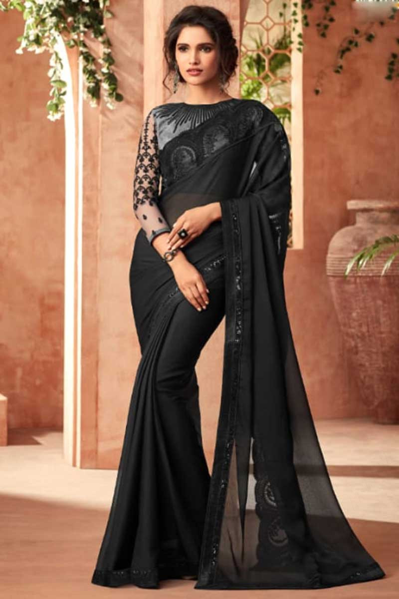 Buy Black Saree With Fancy Fabric Blouse Online Sarv0435 Andaaz Fashion 