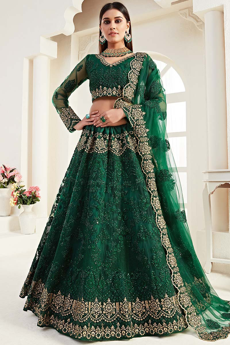 Dazzling Bottle Green Sequins Raw Silk Wedding Lehenga Choli