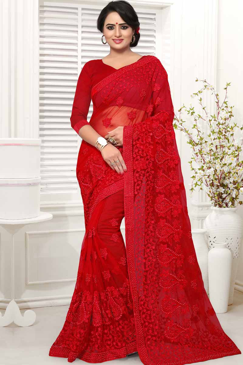 Buy Dark Red Net Saree With Net Blouse Online Sarv0857 Andaaz Fashion 2767