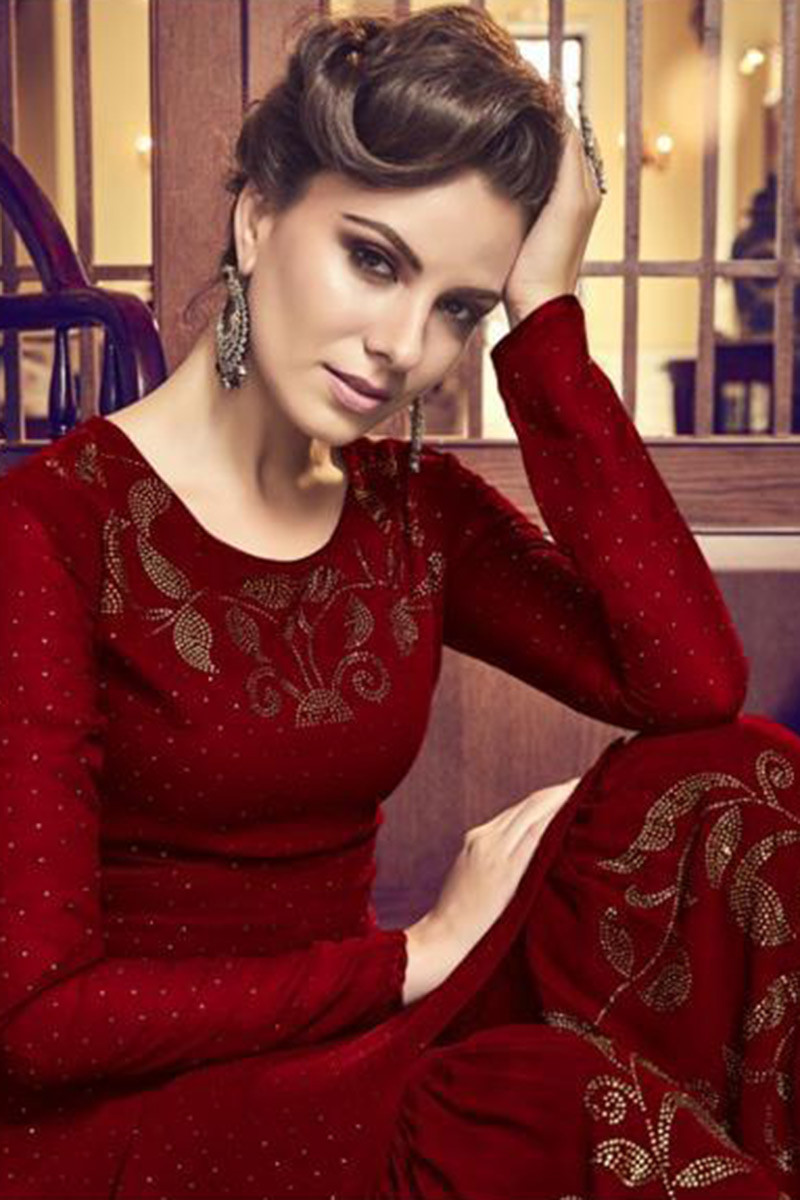 Buy Deep Red Georgette Sharara Suit With Mukaish Work Online - LSTV04670 |  Andaaz Fashion