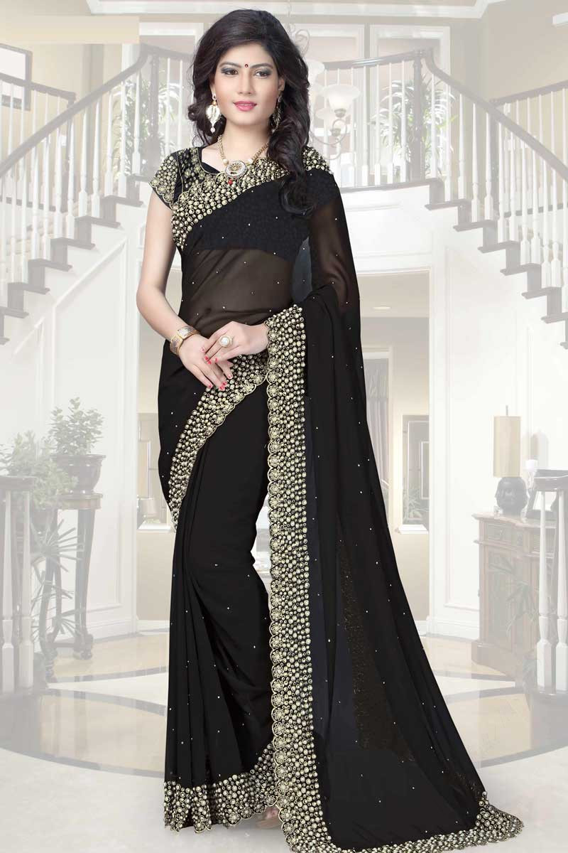 Stylish Black Faux Georgette Saree With Bhagalpuri Silk U Neck Blouse ...