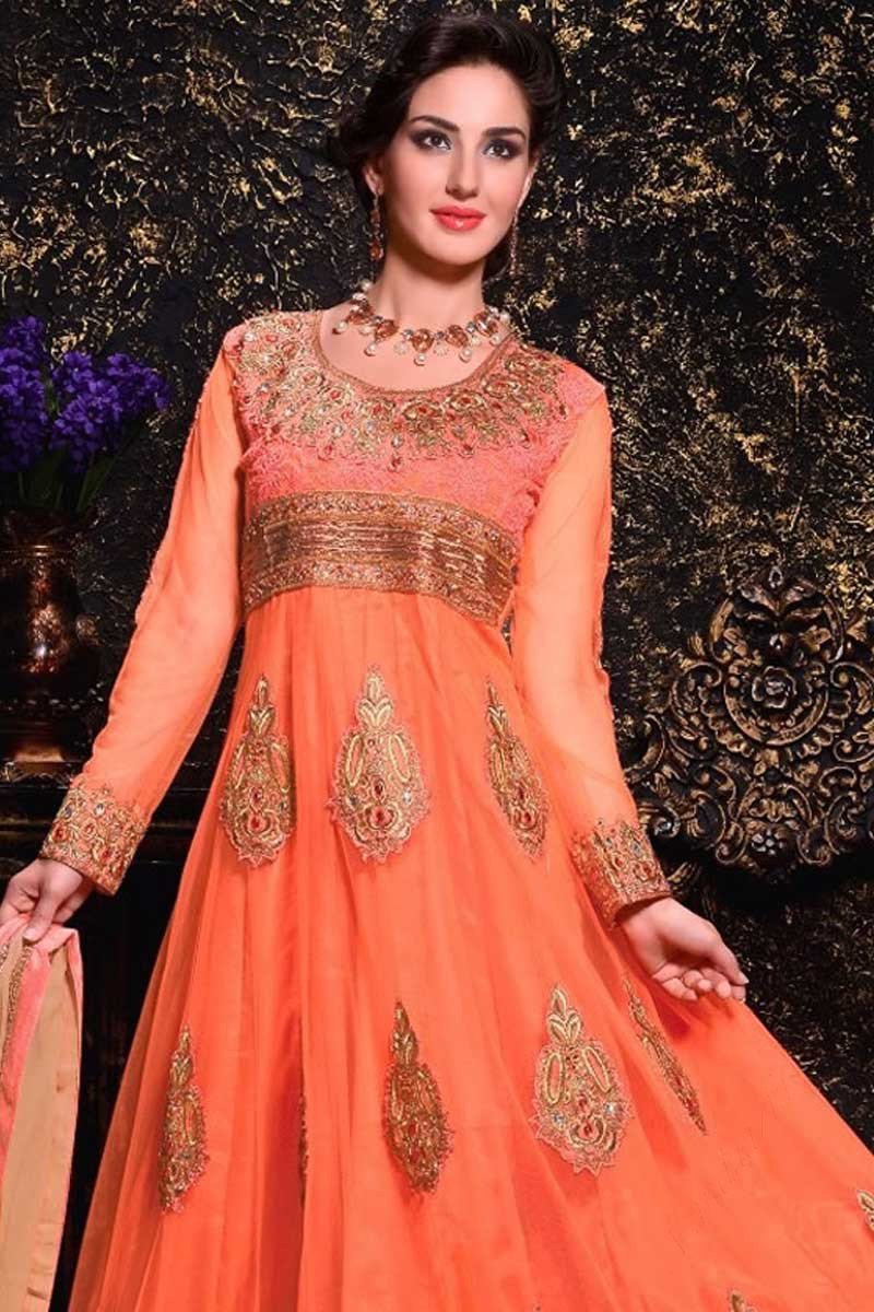 Orange Net Anarkali Suit with chiffon Dupatta - Andaaz Fashion