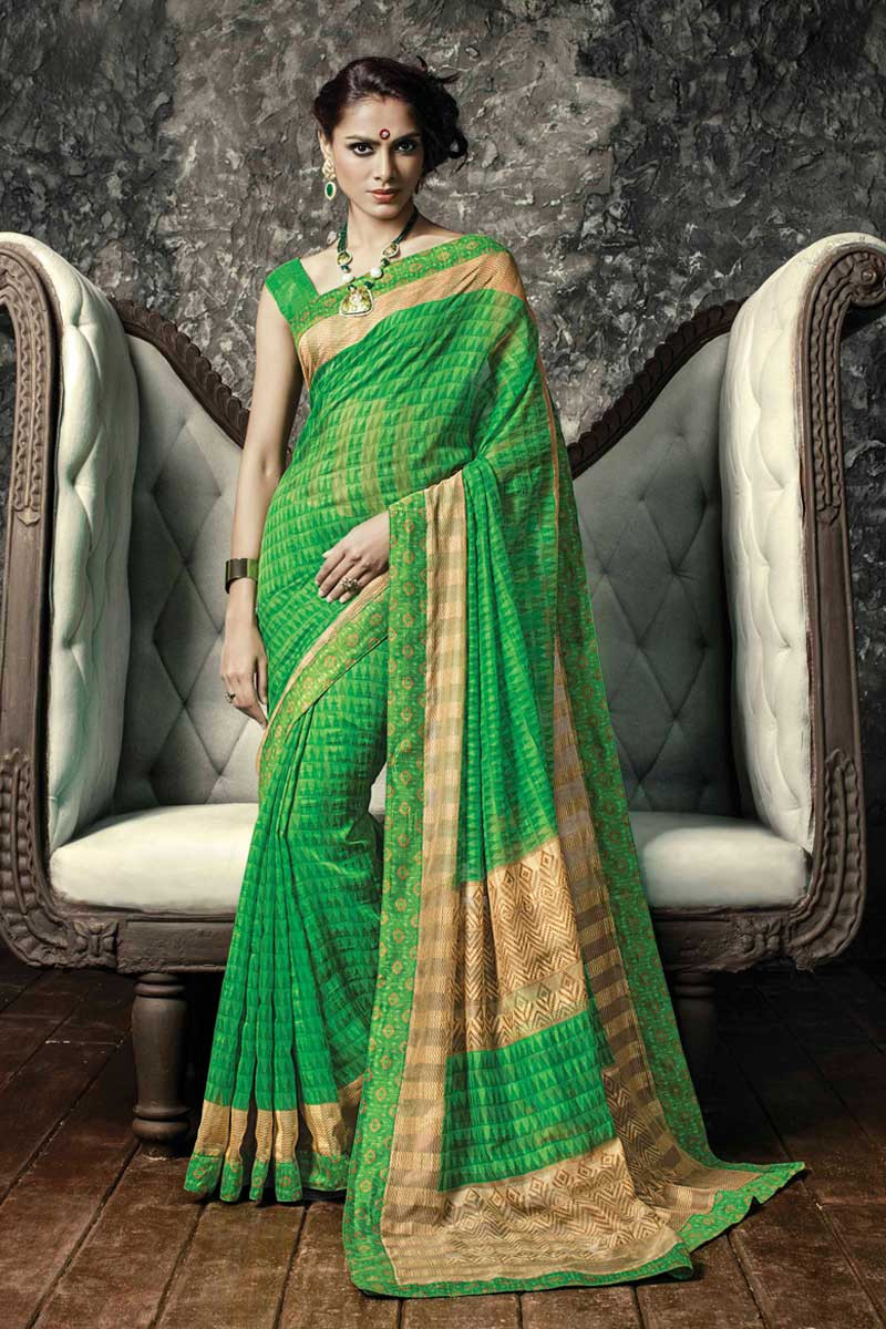 Buy latest saree, Green silk embroidered saree, Round neck blouse UK