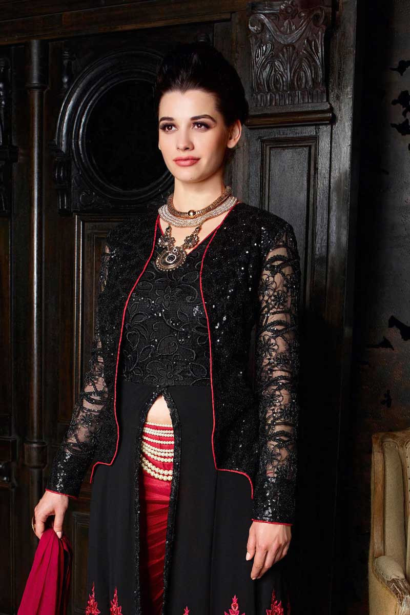 Net Georgette Pant Style Trouser Suit With Black Red Dupatta - Andaaz  Fashion