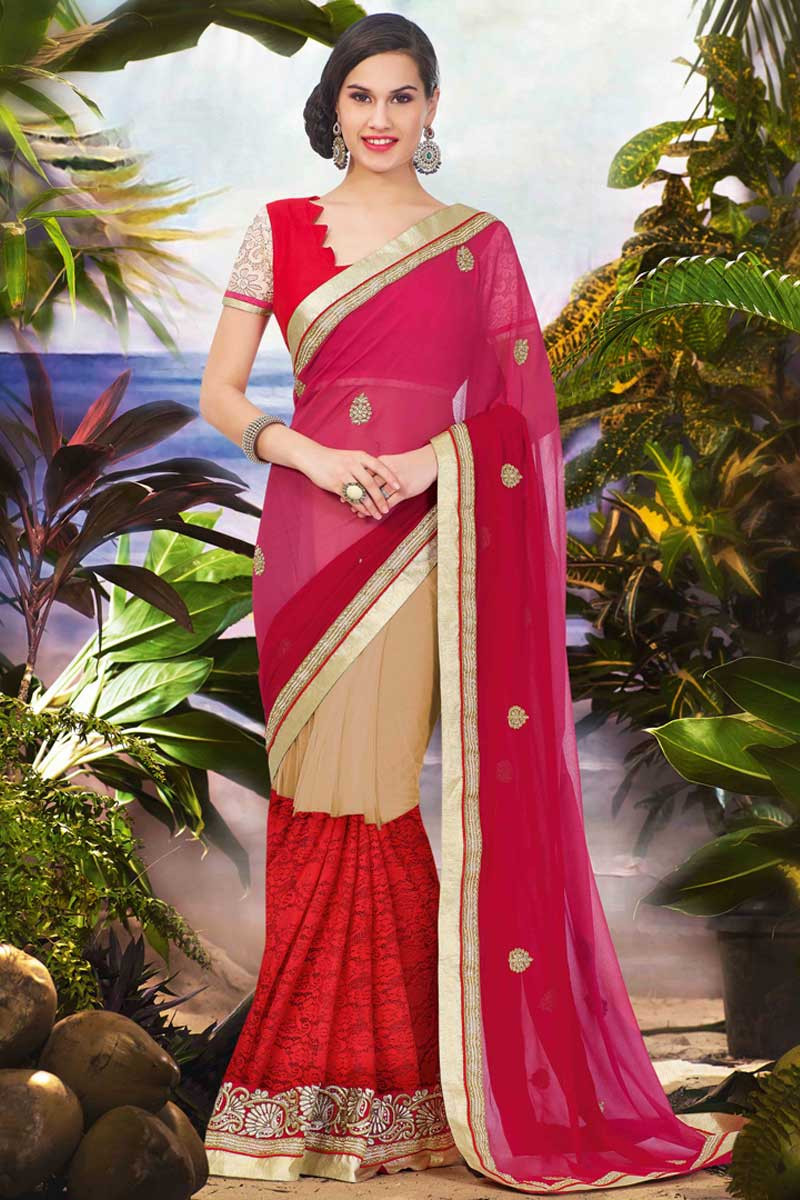 Sarees Online, Beige Maroon Georgette Saree with Cream,Maroon Blouse ...